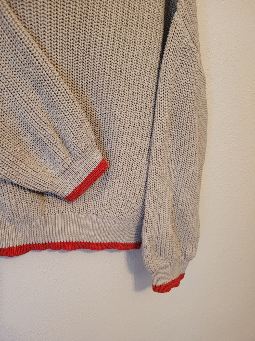 Wishlist Chunky Knit Hooded Sweater Beige Red Trim 100% Cotton Medium - Picture 3 of 9